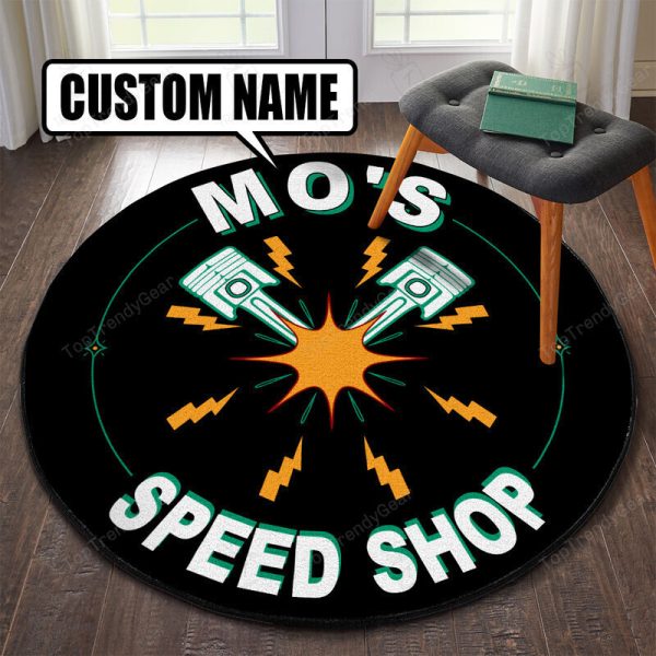 Personalized Speed Shop Garage Decor, Home Bar Decor Hot Rod Round Mat - Image 3